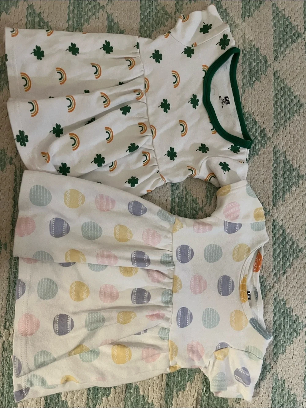 Kids' Short Sleeve Play Dress - White with Green Shamrocks & Rainbows